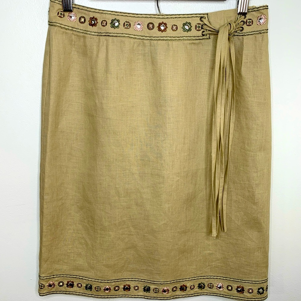 Martha B Size 4 Linen Short Skirt Southwest & Stud Accents Tassel Waist Tie New